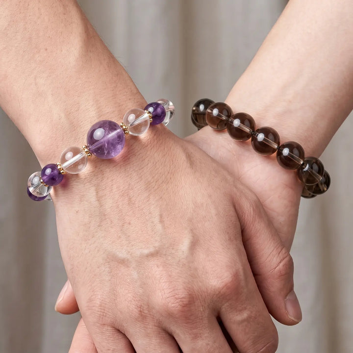 10mm Amethyst & Clear Quartz Bracelet - clear quartz spiritual connection couples gift