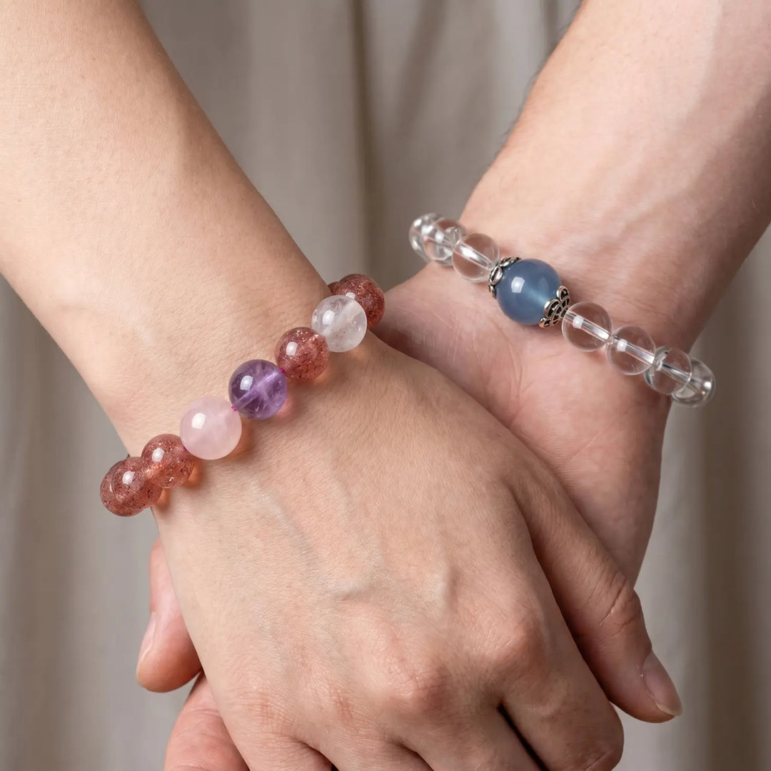 8mm Clear Quartz & Aquamarine Bracelet - clear quartz spiritual connection couples gift