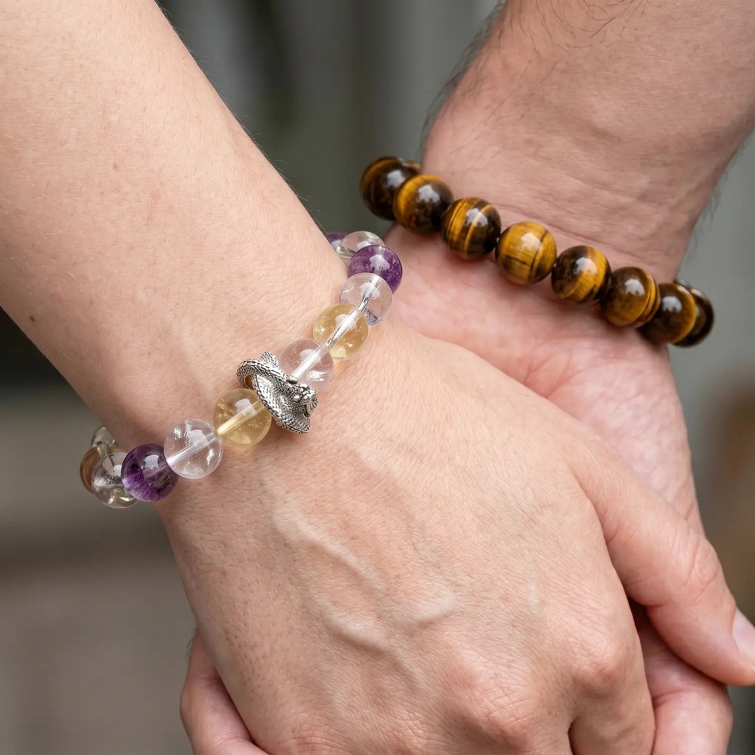 10mm Amethyst & Clear Quartz & Smoky Quartz Bracelet - 03 fluorite spiritual connection couples gift