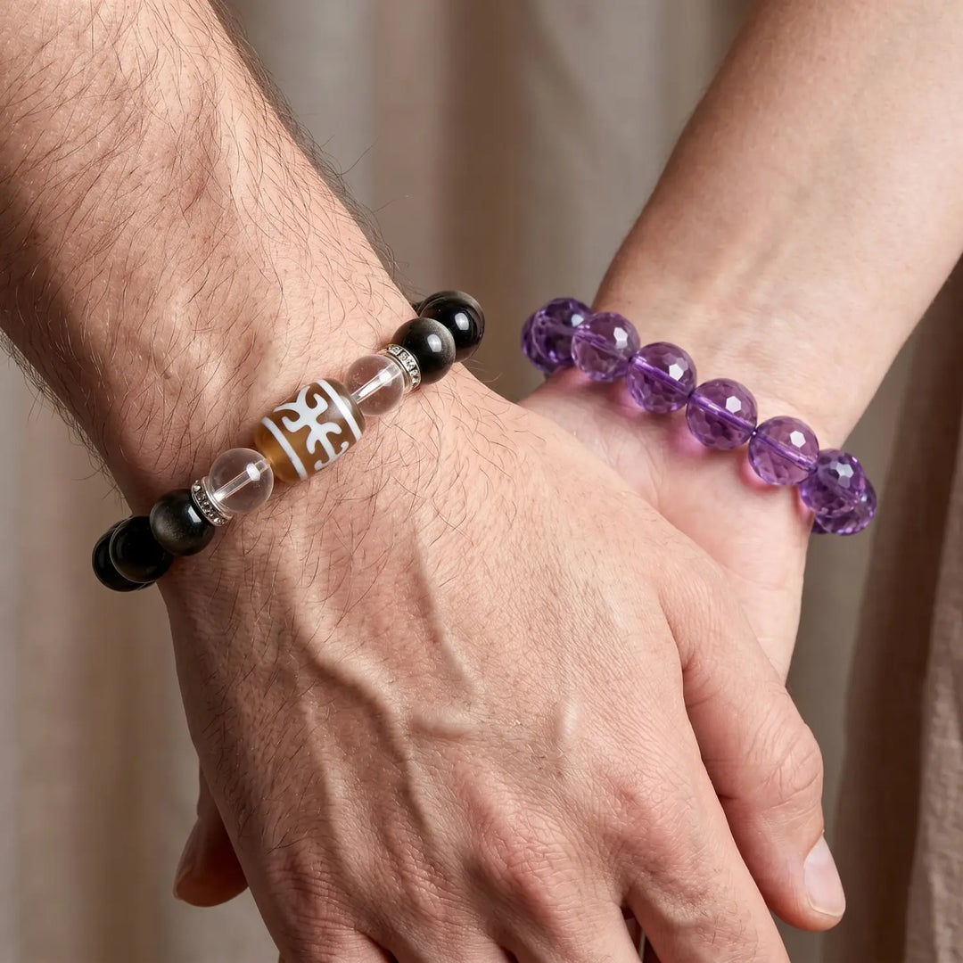 10mm Clear Quartz & Gold Sheen Obsidian & Obsidian Bracelet - 03 gold sheen obsidian spiritual connection couples gift