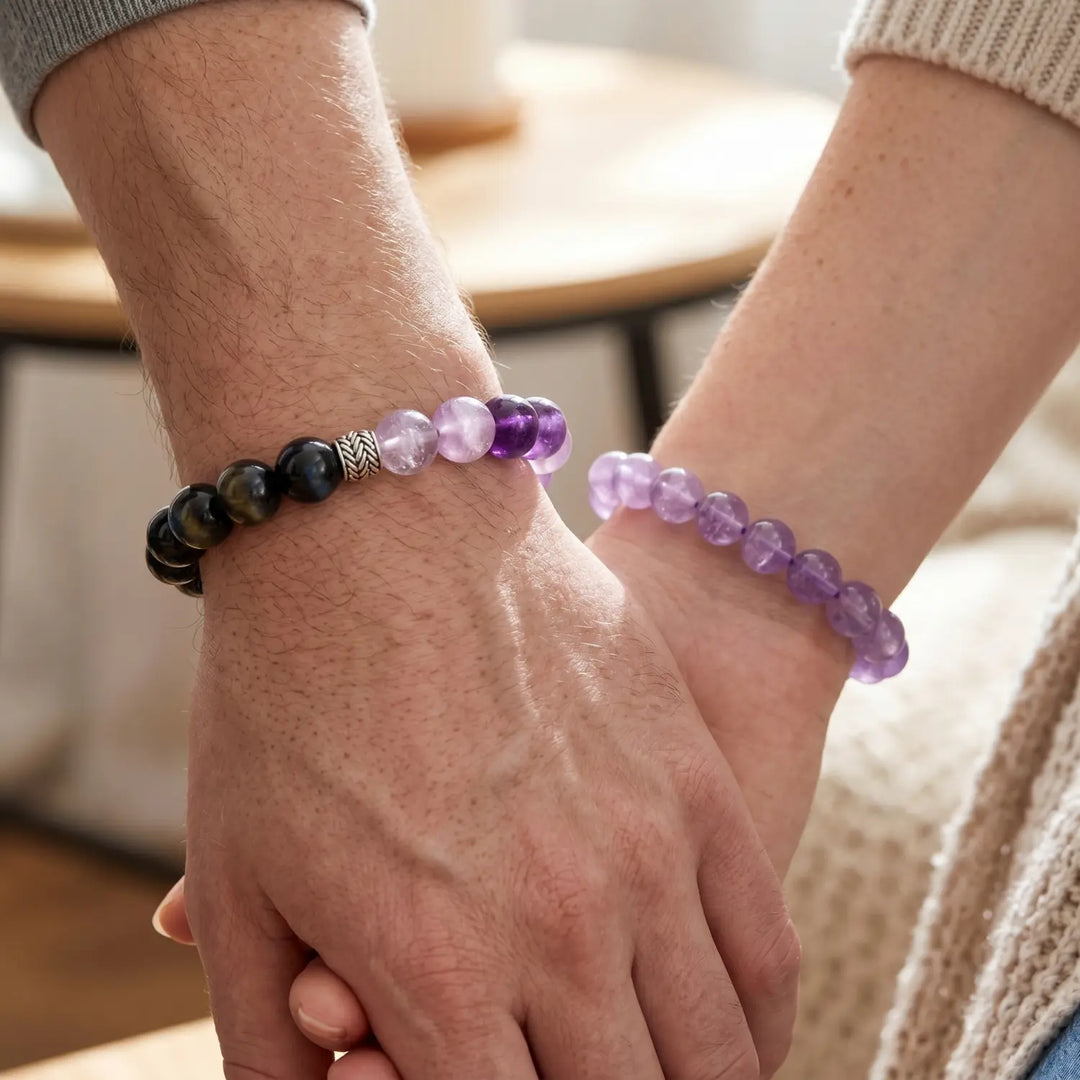 12mm Lavender Amethyst & Amethyst Bracelet - 03 lavender amethyst spiritual connection couples gift