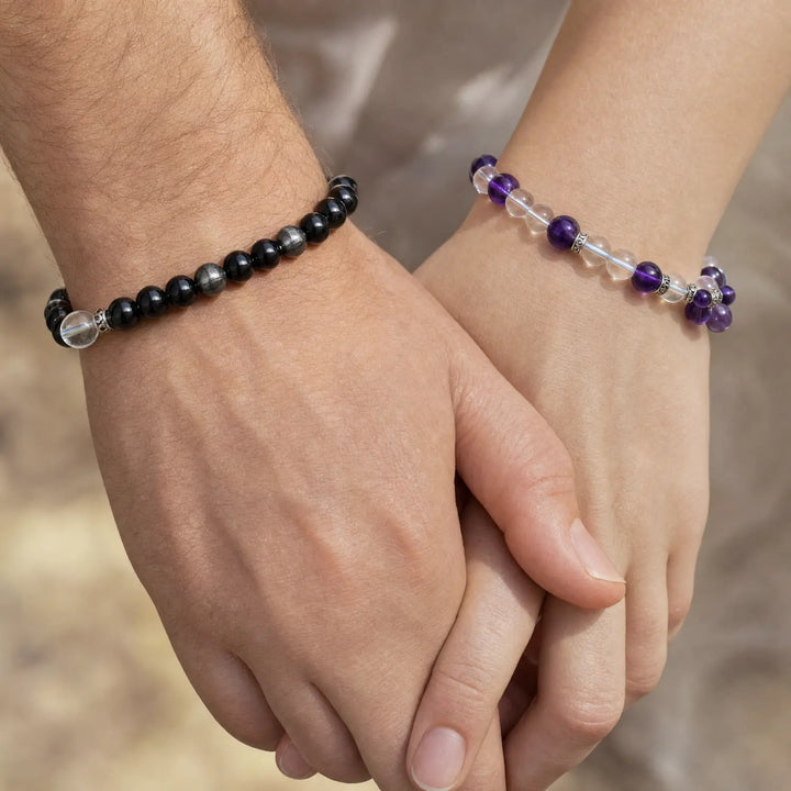 8mm Amethyst & Clear Quartz Bracelet - mixed crystal spiritual connection couples gift