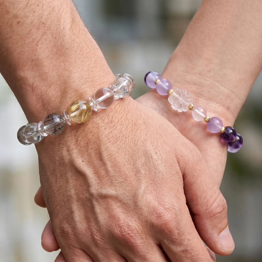 10mm Amethyst & Clear Quartz Bracelet - 03 mixed crystal spiritual connection couples gift