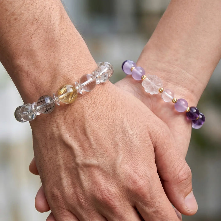 10mm Amethyst & Clear Quartz Bracelet - 03 mixed crystal spiritual connection couples gift