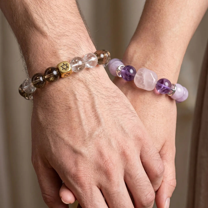 13mm Multi-Stone Crystal Bracelet with Amethyst, Rose Quartz, Clear Quartz - mixed crystal spiritual connection couples gift