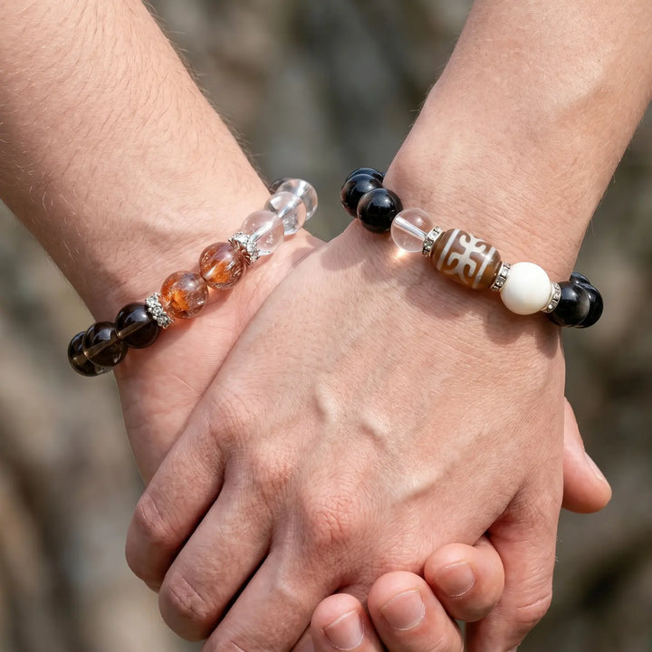 10mm Clear Quartz & Smoky Quartz Bracelet - 03 mixed crystal spiritual connection couples gift