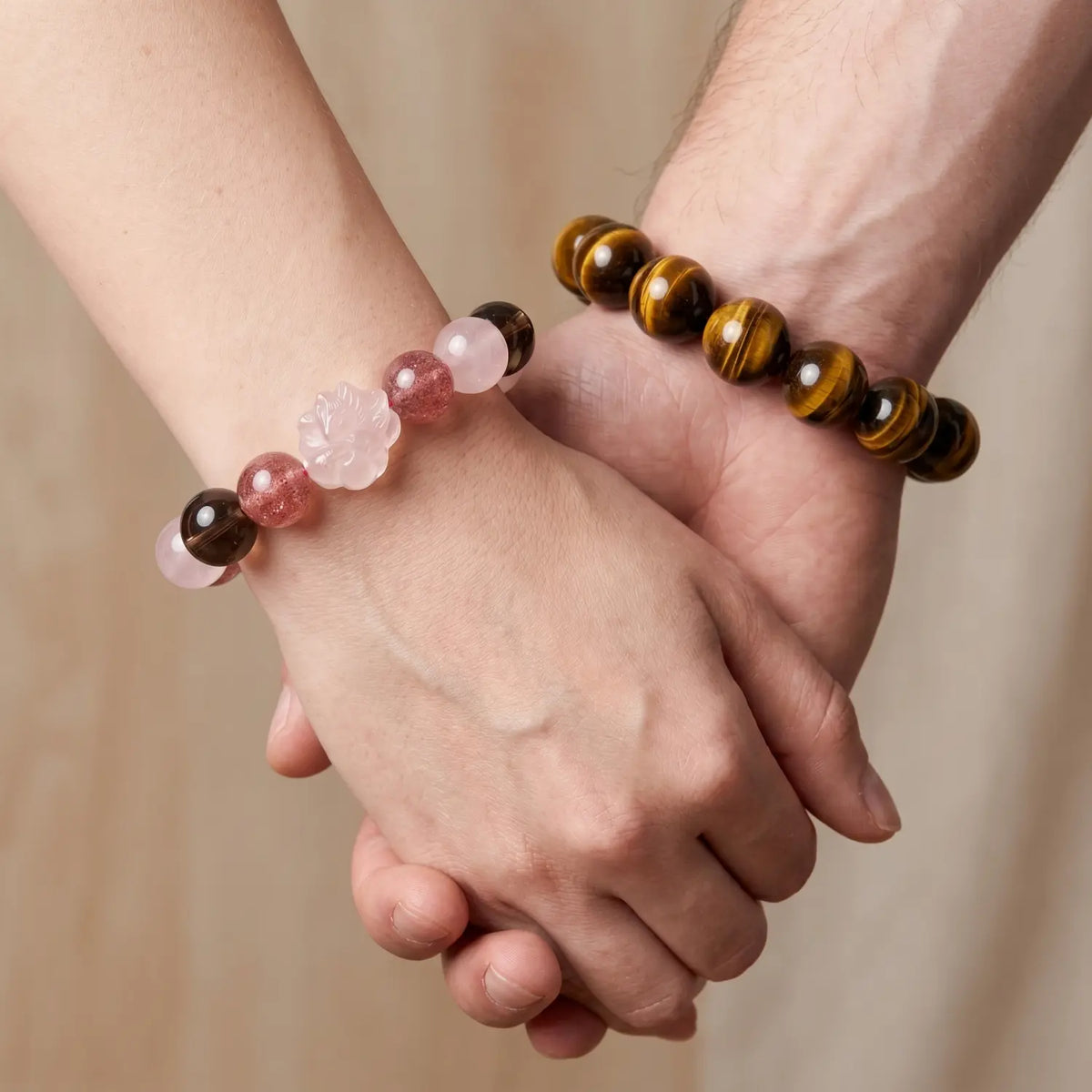 12mm Multi-Stone Crystal Bracelet with Rose Quartz, Strawberry Quartz, Smoky Quartz - mixed crystal spiritual connection couples gift