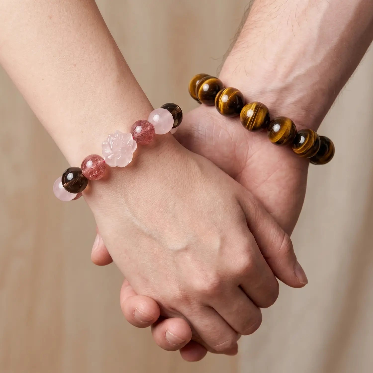 12mm Multi-Stone Crystal Bracelet with Rose Quartz, Strawberry Quartz, Smoky Quartz - mixed crystal spiritual connection couples gift