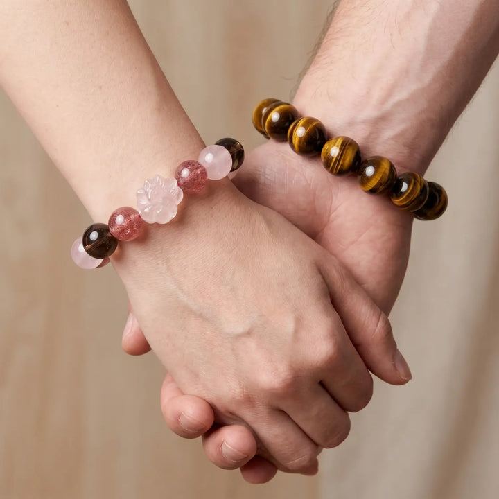 12mm Multi-Stone Crystal Bracelet with Rose Quartz, Strawberry Quartz, Smoky Quartz - mixed crystal spiritual connection couples gift