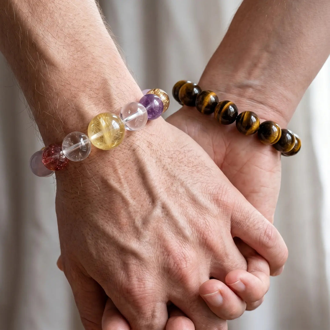 17mm Multi-Stone Crystal Bracelet with Amethyst, Rose Quartz, Clear Quartz - mixed crystal spiritual connection couples gift