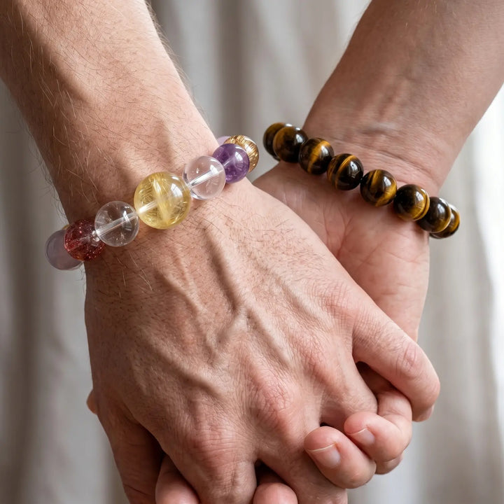 17mm Multi-Stone Crystal Bracelet with Amethyst, Rose Quartz, Clear Quartz - mixed crystal spiritual connection couples gift