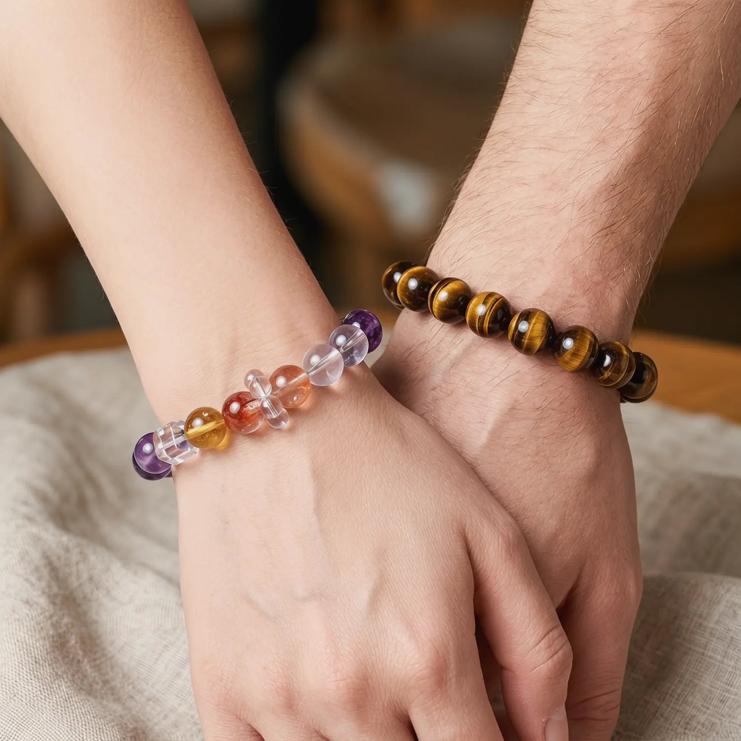 12mm Amethyst & Clear Quartz & Citrine Bracelet - 03 mixed crystal spiritual connection couples gift