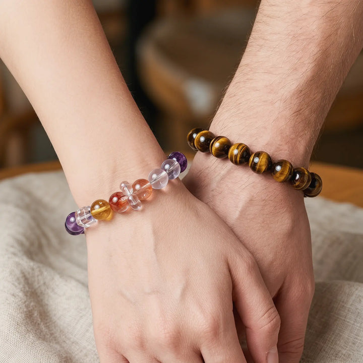 12mm Amethyst & Clear Quartz & Citrine Bracelet - 03 mixed crystal spiritual connection couples gift