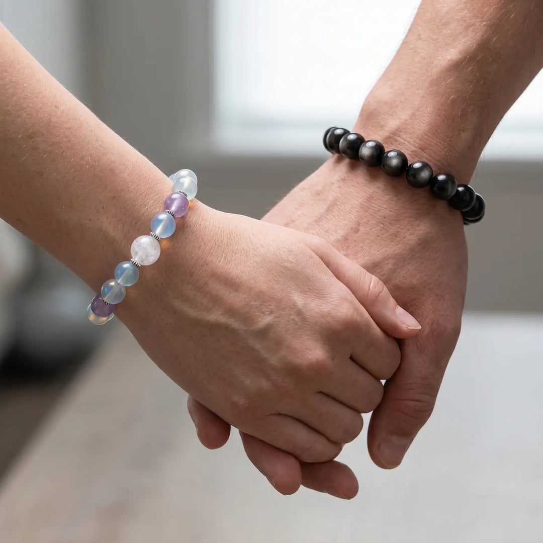 10mm Multi-Stone Crystal Bracelet with Clear Quartz, Aquamarine, Kunzite - opalite glass spiritual connection couples gift