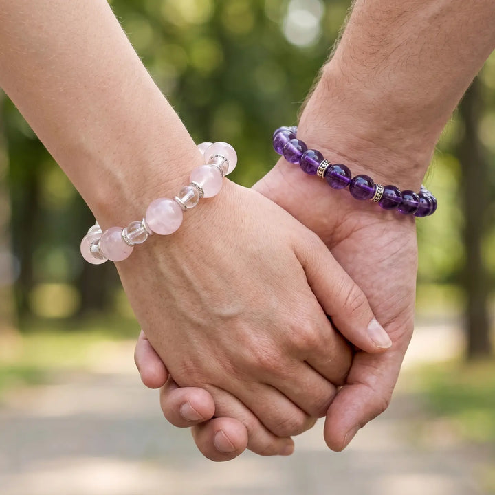 14mm Rose Quartz & Clear Quartz Bracelet - rose quartz spiritual connection couples gift