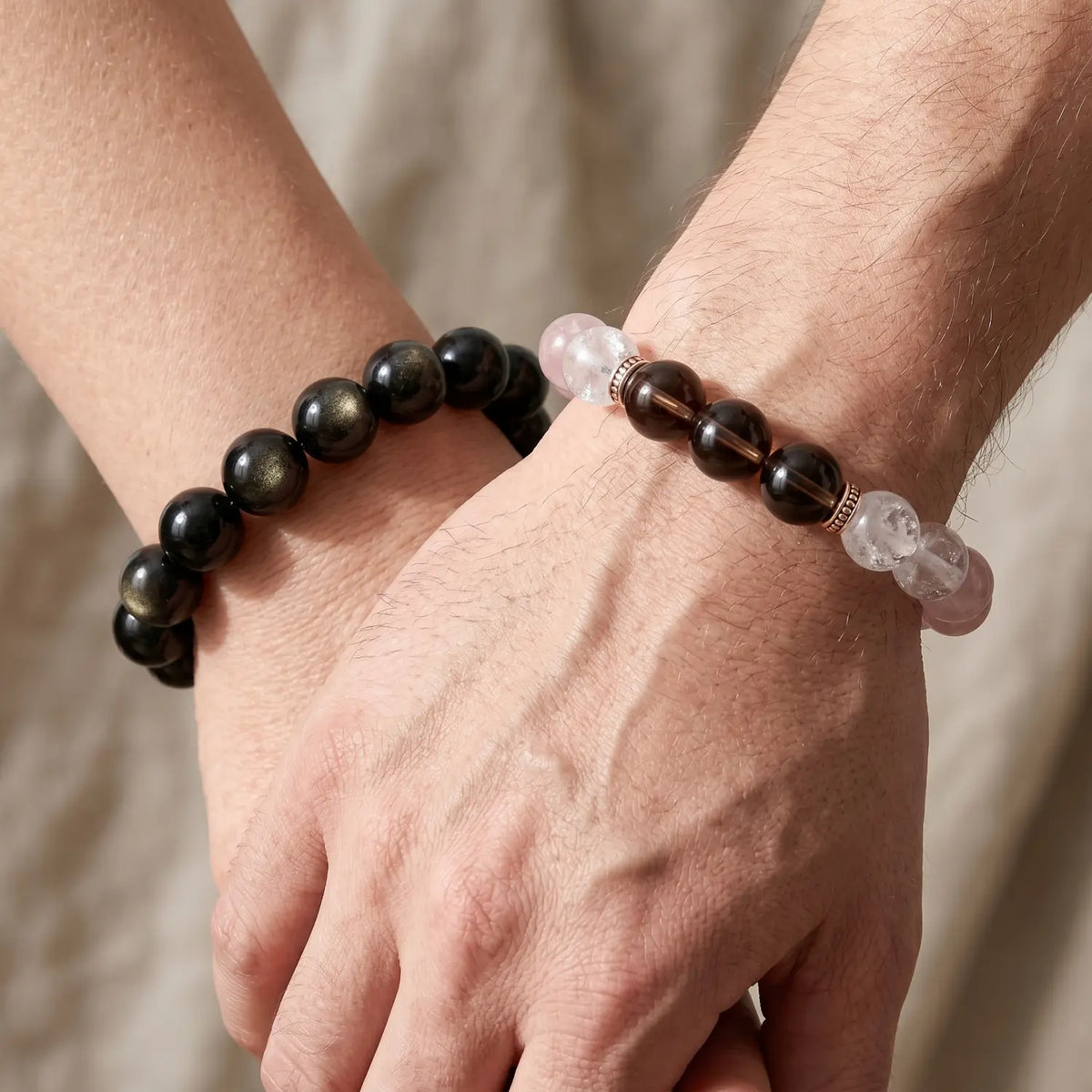 12mm Multi-Stone Crystal Bracelet with Clear Quartz, Rose Quartz, Smoky Quartz - rose quartz spiritual connection couples gift