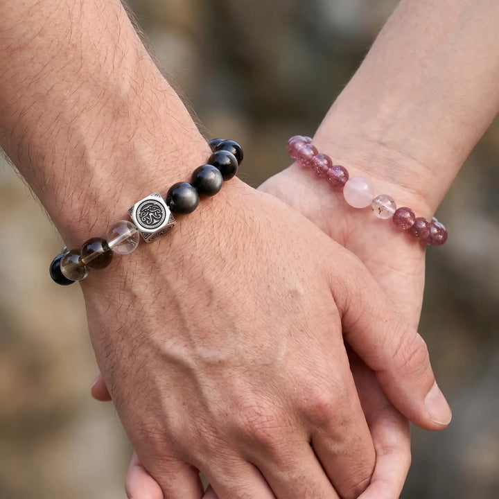 10mm Multi-Stone Crystal Bracelet with Clear Quartz, Obsidian, Smoky Quartz - smoky quartz spiritual connection couples gift