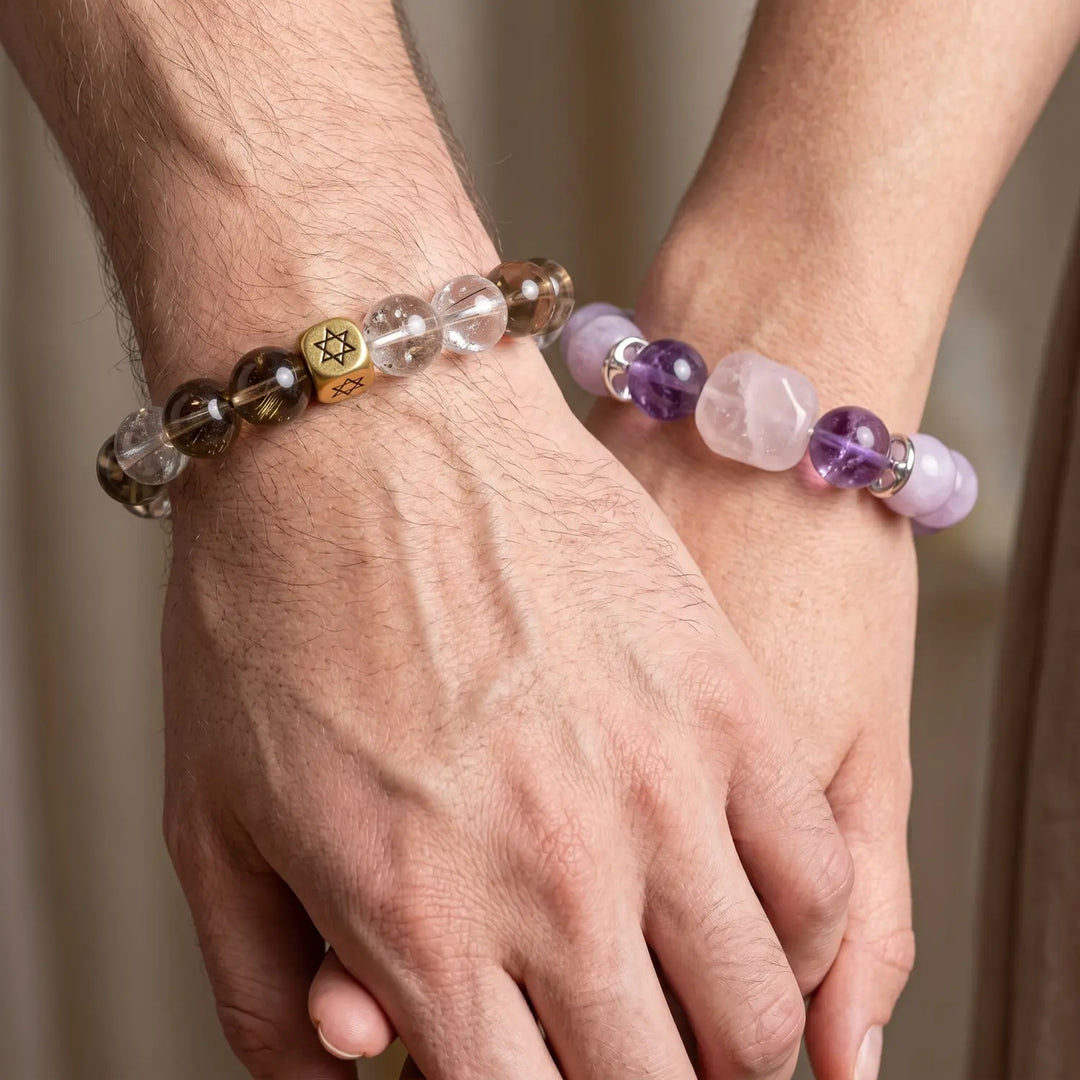 10mm Multi-Stone Crystal Bracelet with Clear Quartz, Rutilated Quartz, Smoky Quartz - smoky quartz spiritual connection couples gift