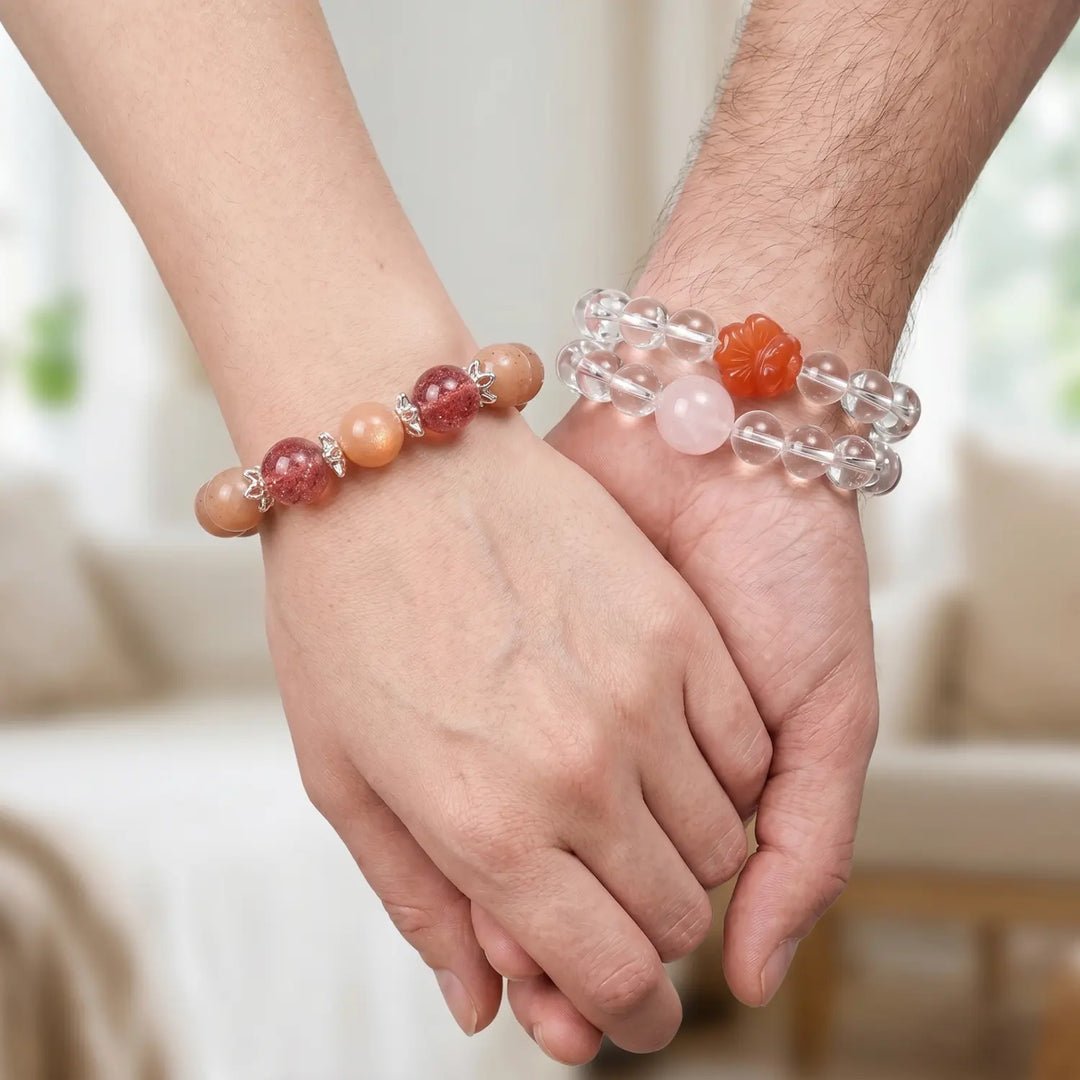 10mm Multi-Stone Crystal Bracelet with Orange Moonstone, Strawberry Quartz, Moonstone - sunstone spiritual connection couples gift