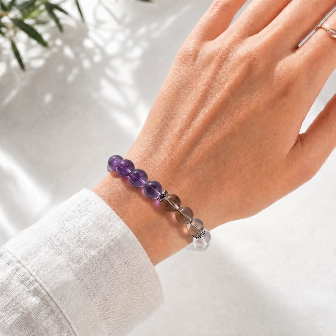 10mm Multi-Stone Crystal Bracelet with Amethyst, Clear Quartz, Smoky Quartz - amethyst crystal lifestyle wearing style