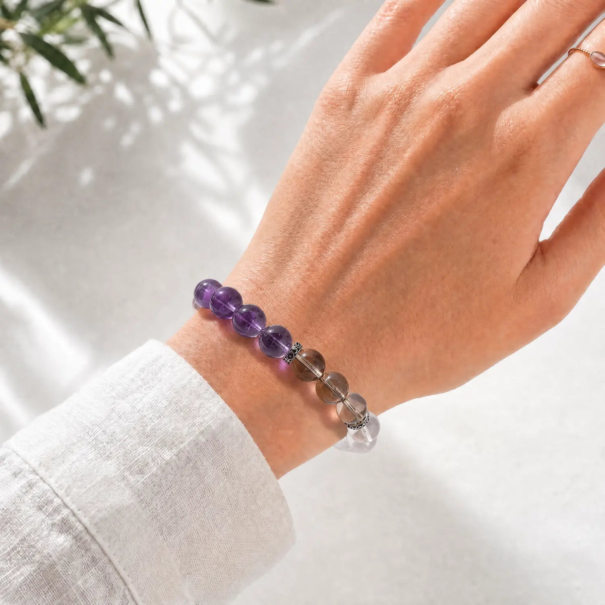 10mm Multi-Stone Crystal Bracelet with Amethyst, Clear Quartz, Smoky Quartz - amethyst crystal lifestyle wearing style