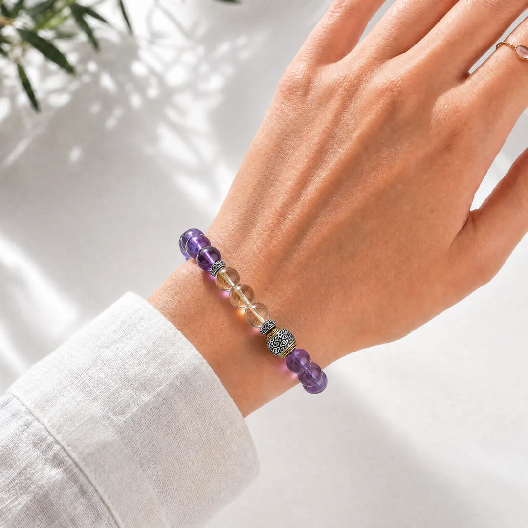 10mm Amethyst & Rutilated Quartz Bracelet - amethyst crystal lifestyle wearing style