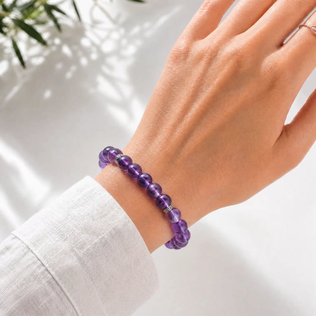 8mm Natural Amethyst Bracelet - amethyst crystal lifestyle wearing style