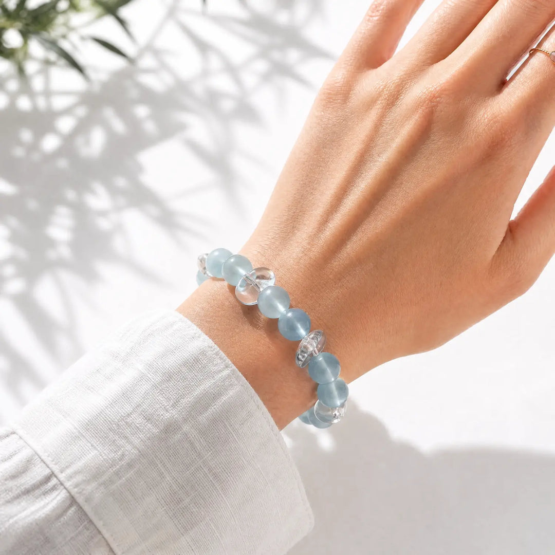 9mm Clear Quartz & Aquamarine Bracelet - aquamarine crystal lifestyle wearing style