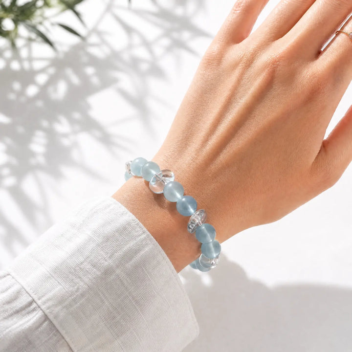 9mm Clear Quartz & Aquamarine Bracelet - aquamarine crystal lifestyle wearing style