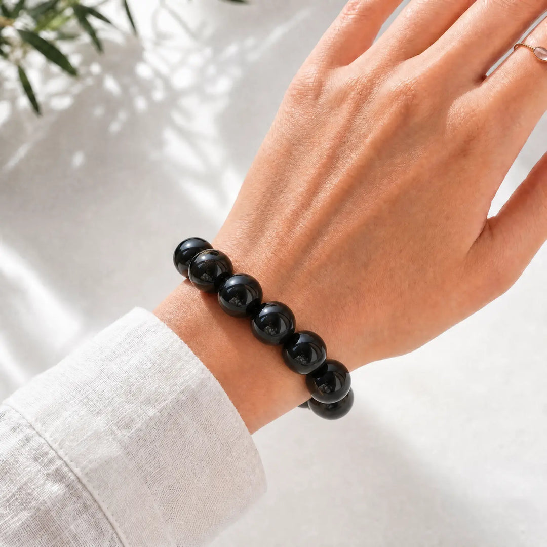 16mm Black Obsidian & Obsidian Bracelet - 04 black obsidian crystal lifestyle wearing style