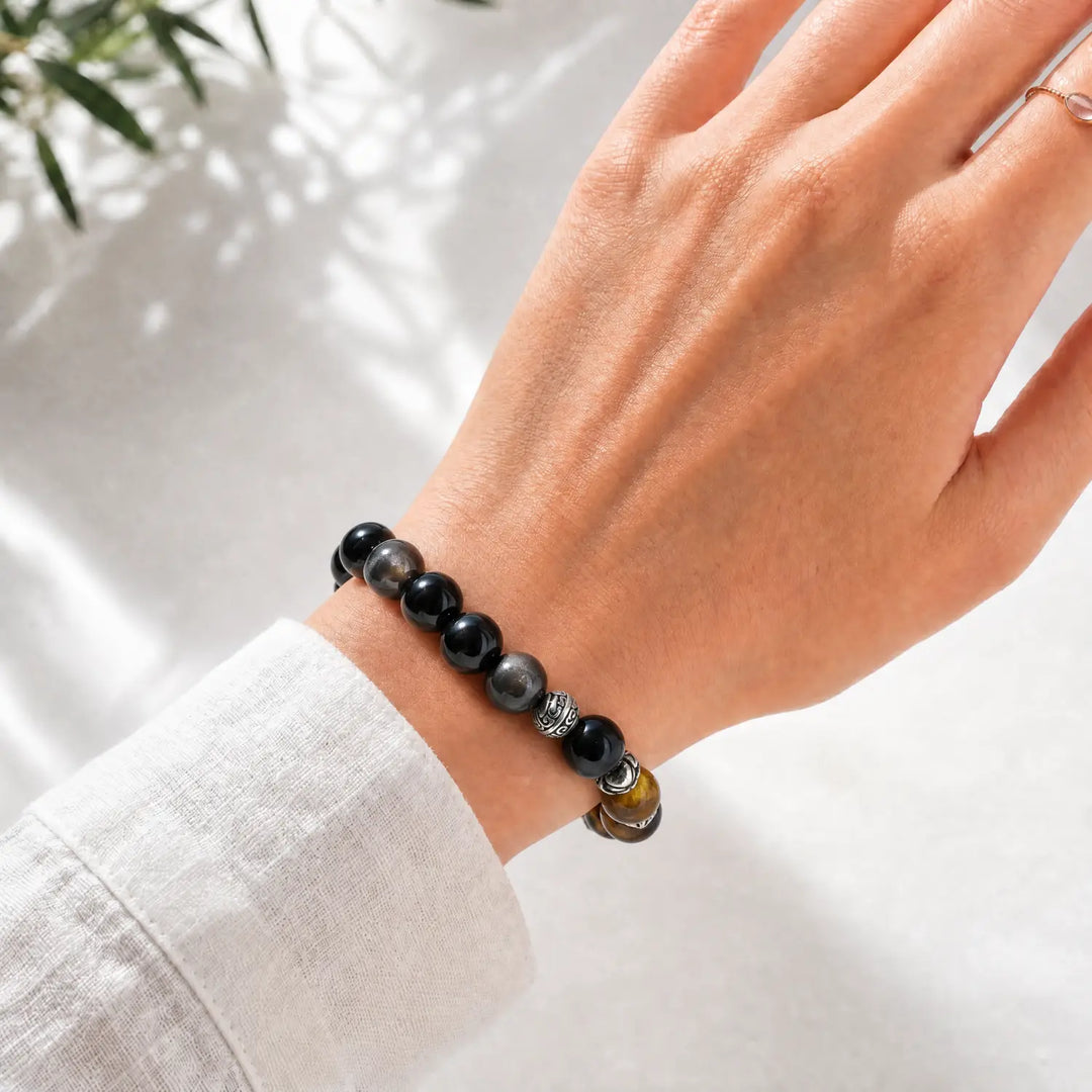 10mm Multi-Stone Crystal Bracelet with Silver Obsidian, Obsidian, Tiger Eye - black obsidian crystal lifestyle wearing style