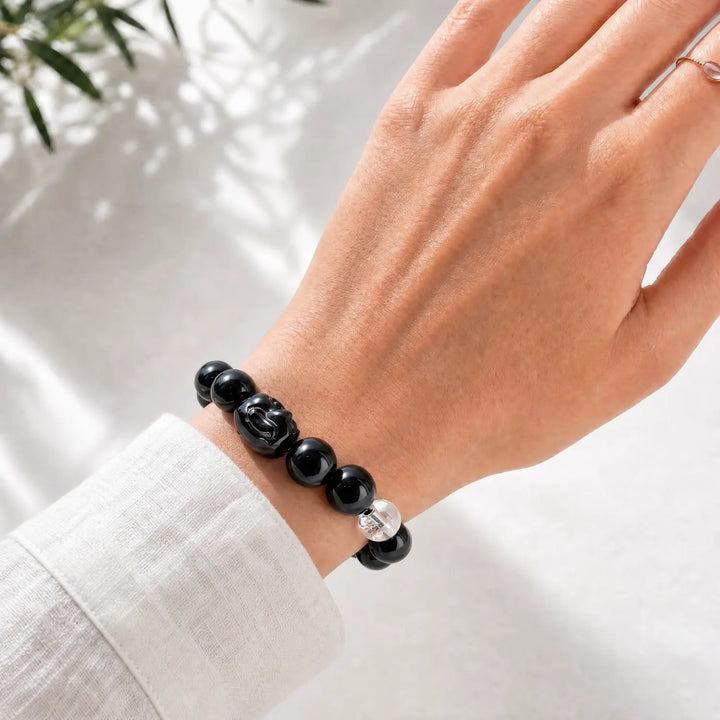 16mm Clear Quartz & Obsidian Bracelet - black obsidian crystal lifestyle wearing style