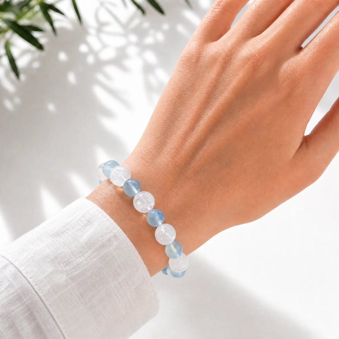 13mm Multi-Stone Crystal Bracelet with White Phantom Quartz, Moonstone, Aquamarine - clear quartz crystal lifestyle wearing style