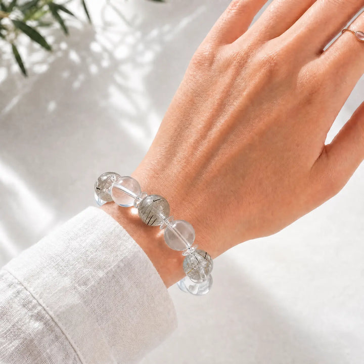 Clear Quartz & Rutilated Quartz Bracelet - 04 clear quartz crystal lifestyle wearing style