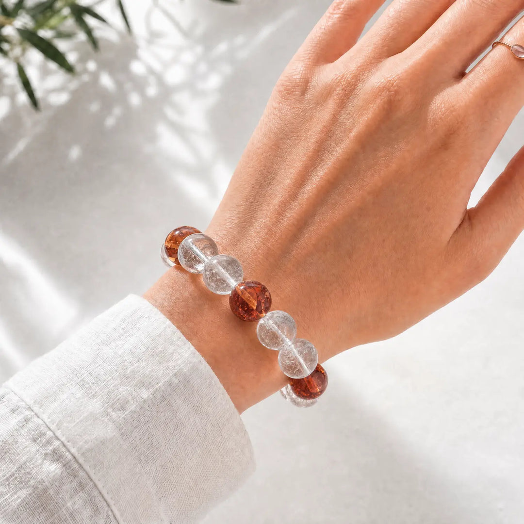13mm Clear Quartz & Red Hematoid Quartz Bracelet - clear quartz crystal lifestyle wearing style