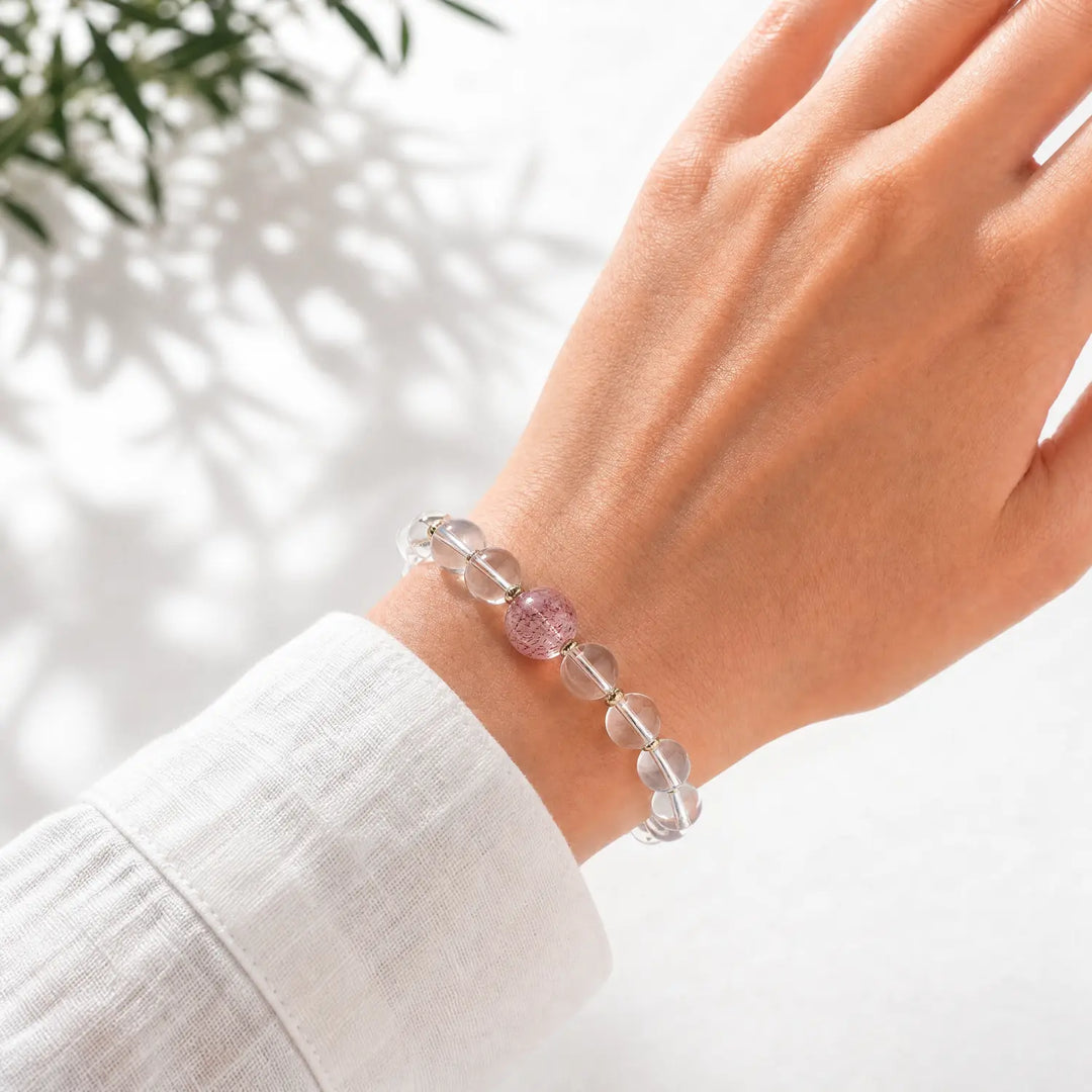 10mm Clear Quartz & Strawberry Quartz Bracelet - 04 clear quartz crystal lifestyle wearing style