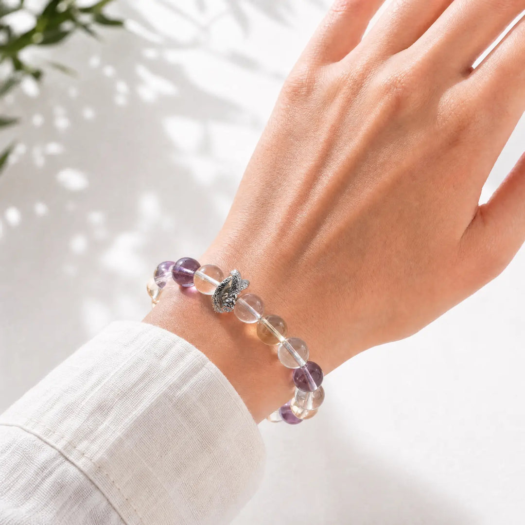 10mm Amethyst & Clear Quartz & Smoky Quartz Bracelet - 04 fluorite crystal lifestyle wearing style