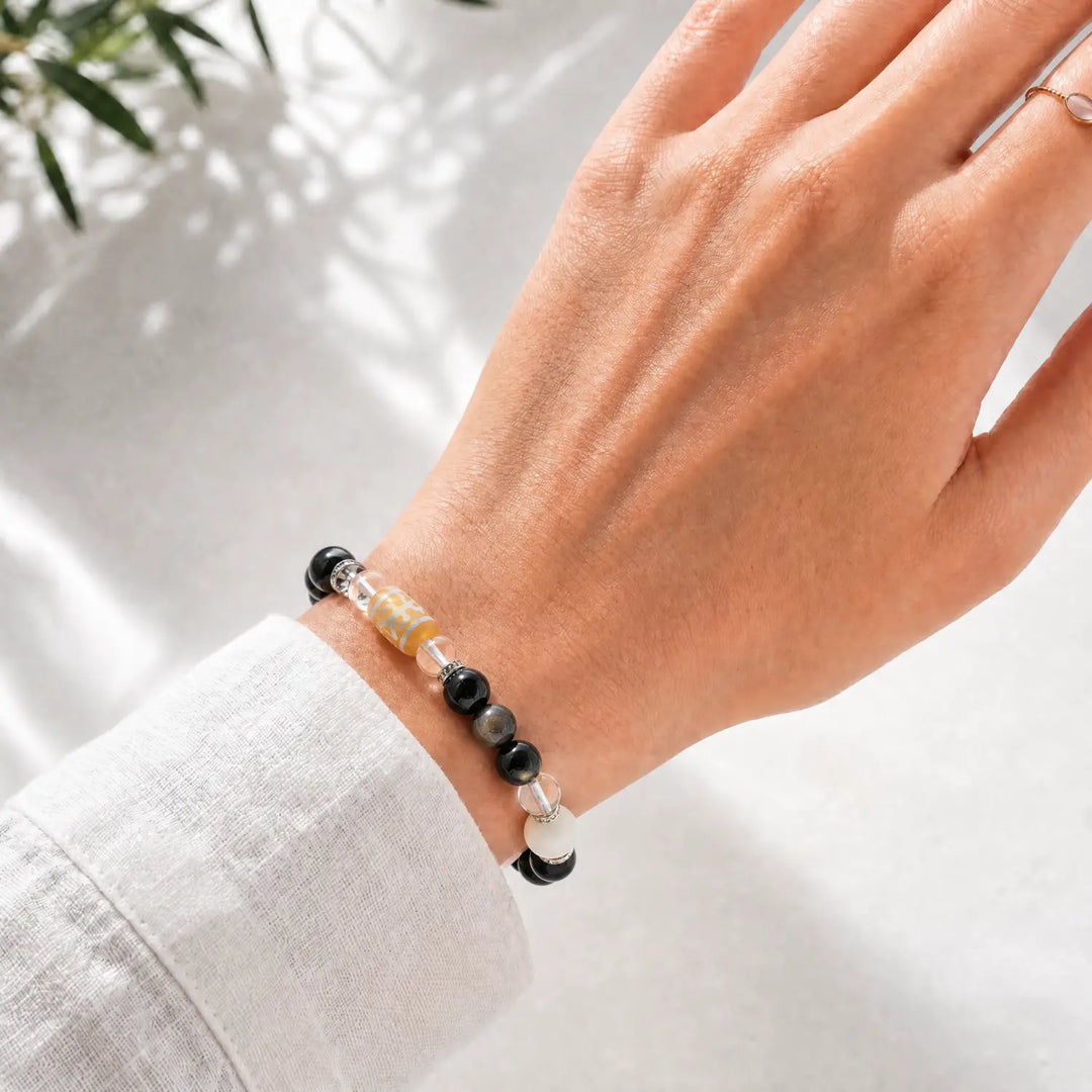 10mm Clear Quartz & Gold Sheen Obsidian & Obsidian Bracelet - 04 gold sheen obsidian crystal lifestyle wearing style
