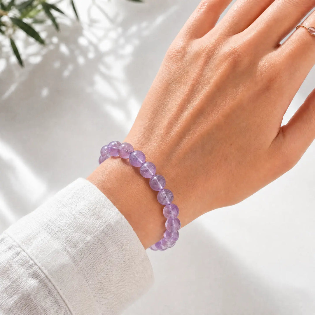 12mm Lavender Amethyst & Amethyst Bracelet - 04 lavender amethyst crystal lifestyle wearing style
