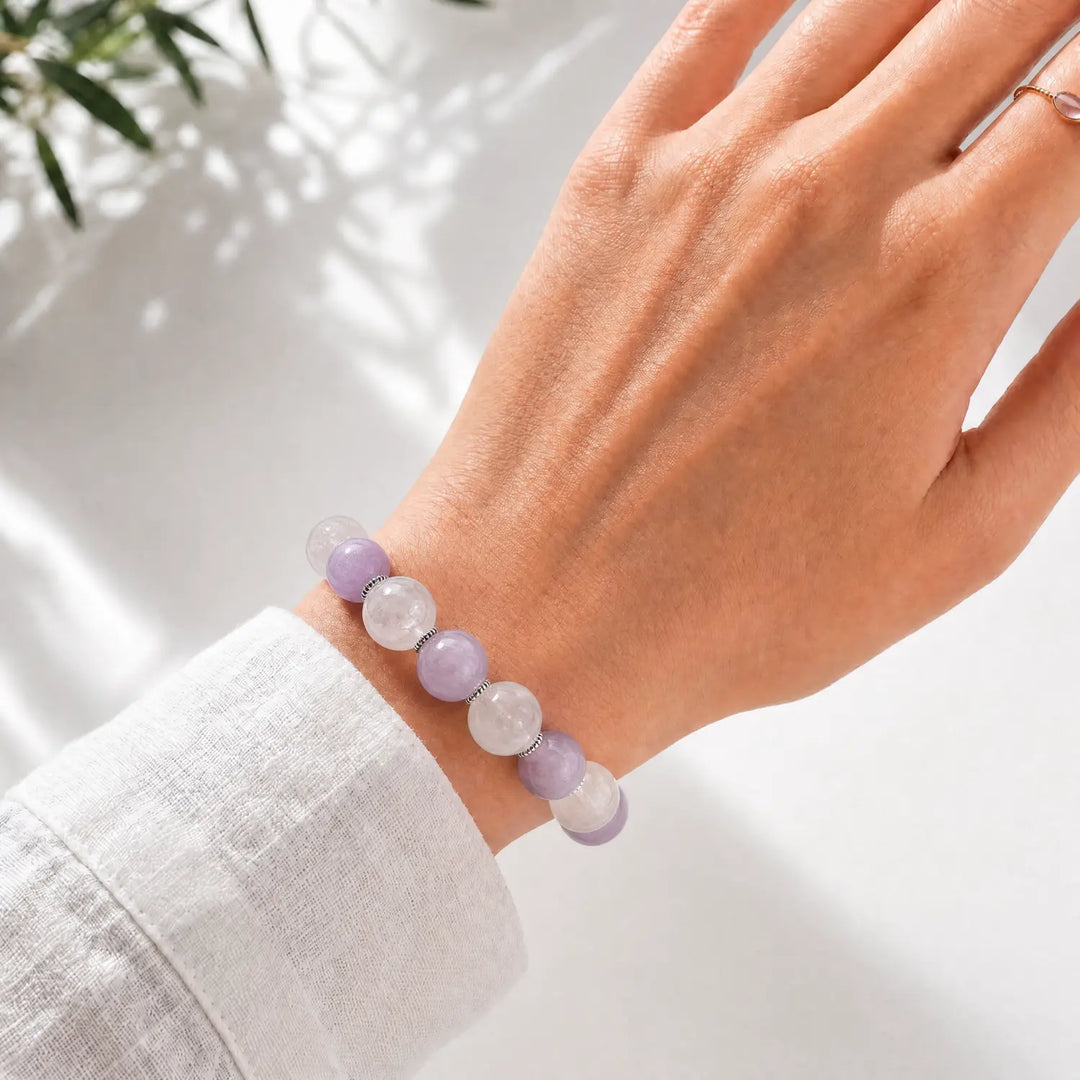 15mm Rose Quartz & Kunzite Bracelet - lavender amethyst crystal lifestyle wearing style