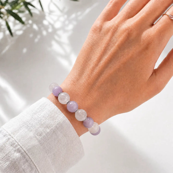 15mm Rose Quartz & Kunzite Bracelet - lavender amethyst crystal lifestyle wearing style