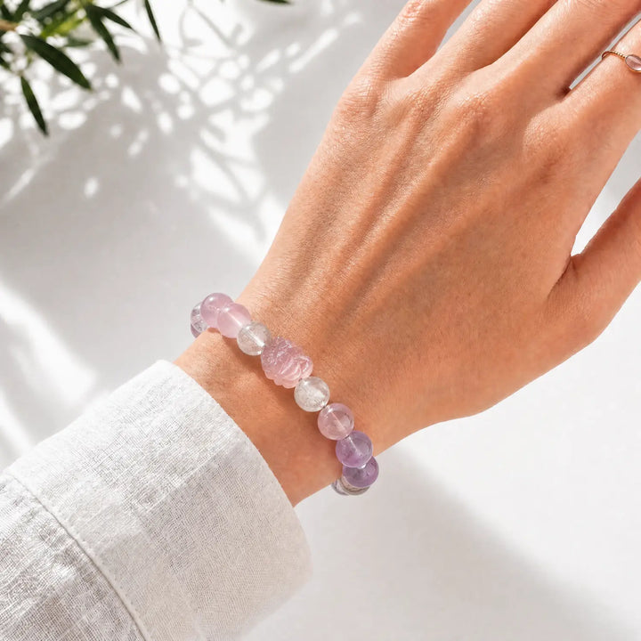 12mm Lavender Amethyst & Amethyst & Rose Quartz Bracelet - 04 mixed crystal crystal lifestyle wearing style