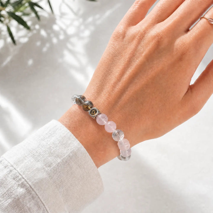 14mm Rose Quartz & Rutilated Quartz & White Phantom Quartz Bracelet - 04 mixed crystal crystal lifestyle wearing style