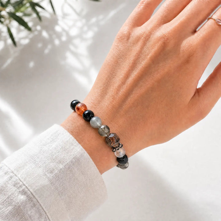 14mm Clear Quartz & Smoky Quartz & Obsidian Bracelet - 04 mixed crystal crystal lifestyle wearing style