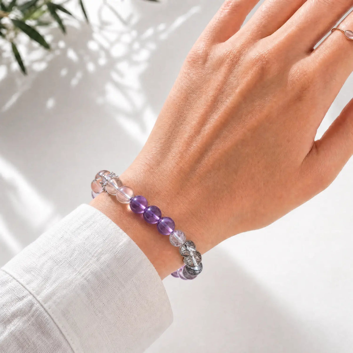 10mm Multi-Stone Crystal Bracelet with Amethyst, Black Rutilated Quartz, Rose Quartz - mixed crystal crystal lifestyle wearing style