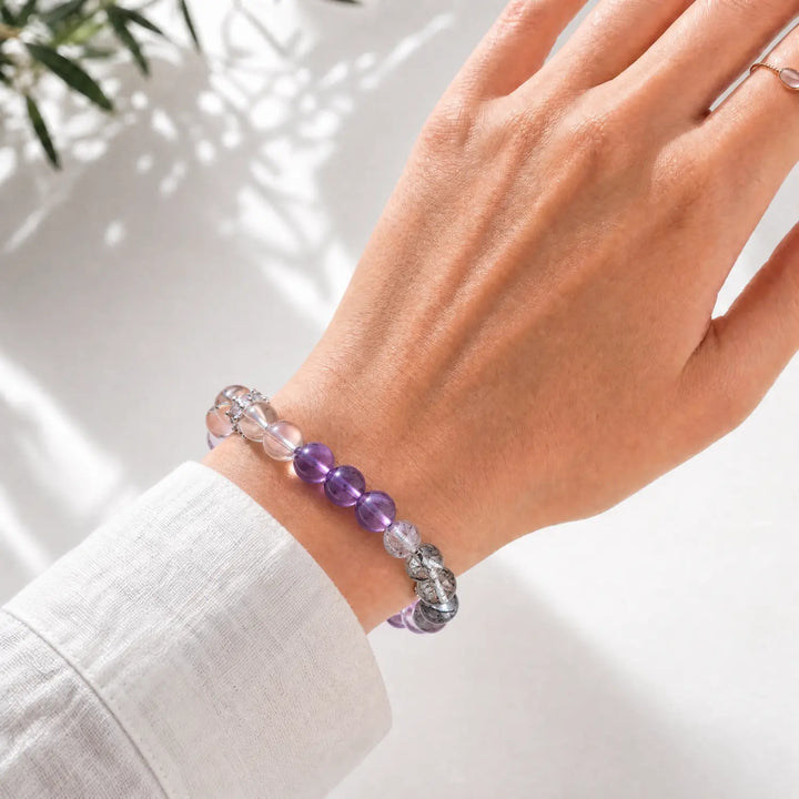 10mm Multi-Stone Crystal Bracelet with Amethyst, Black Rutilated Quartz, Rose Quartz - mixed crystal crystal lifestyle wearing style