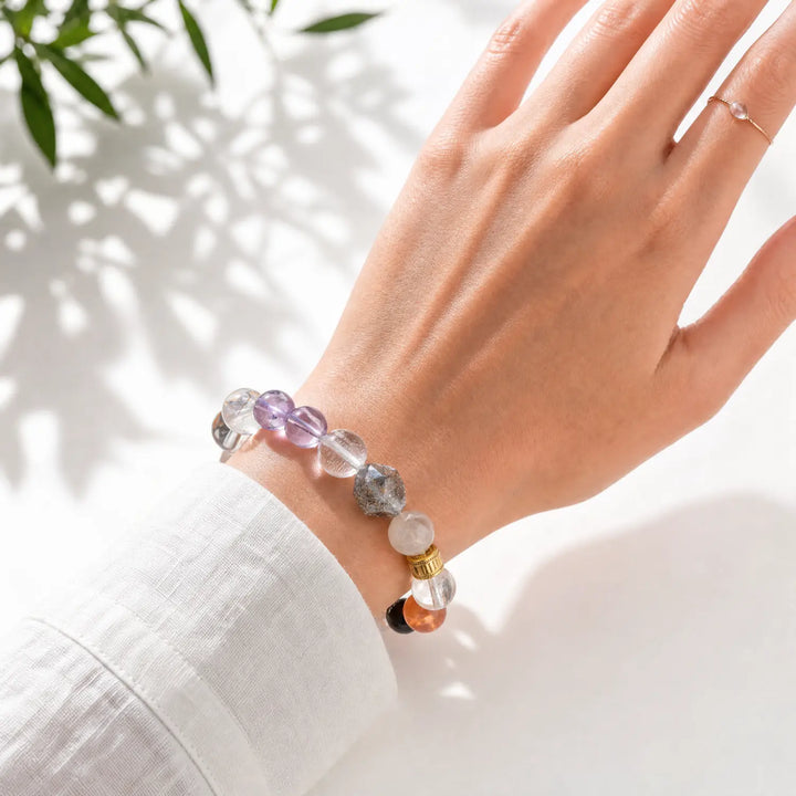 12mm Lavender Amethyst & Amethyst & Clear Quartz Bracelet - 04 mixed crystal crystal lifestyle wearing style