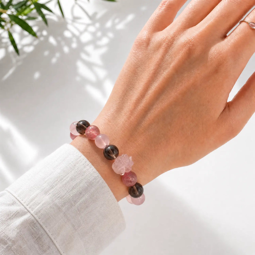 12mm Multi-Stone Crystal Bracelet with Rose Quartz, Strawberry Quartz, Smoky Quartz - mixed crystal crystal lifestyle wearing style