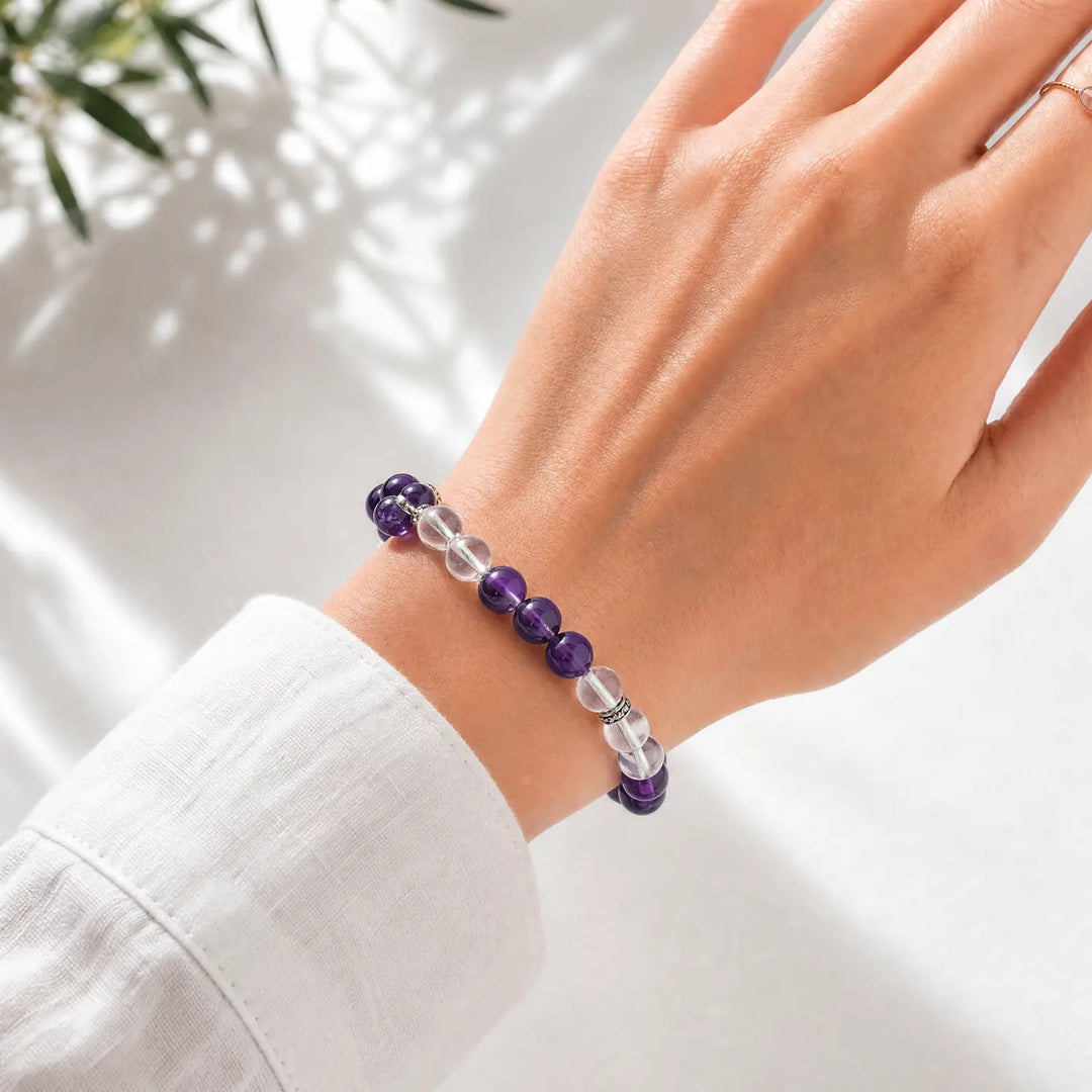 8mm Amethyst & Clear Quartz Bracelet - mixed crystal crystal lifestyle wearing style