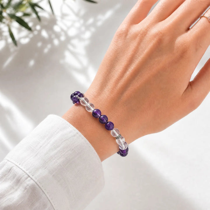 8mm Amethyst & Clear Quartz Bracelet - mixed crystal crystal lifestyle wearing style